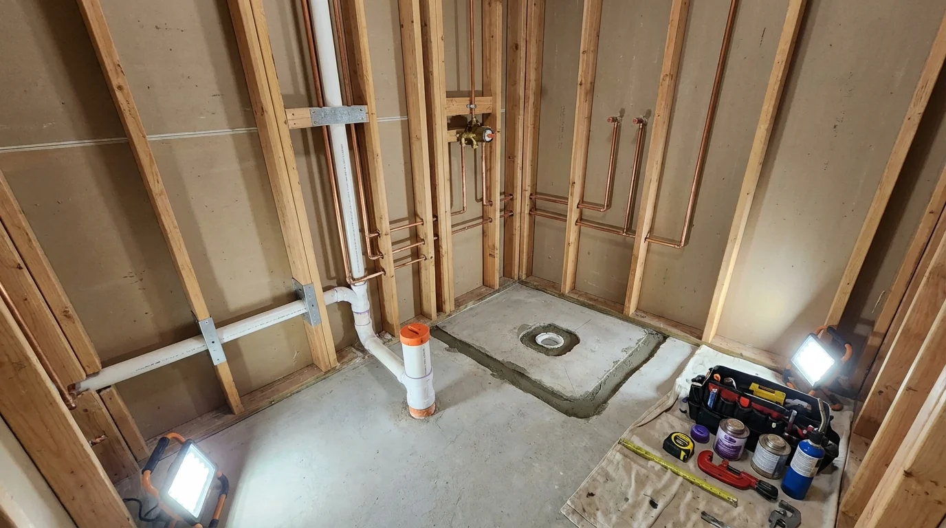 Bathroom rough-in plumbing during remodel by Johns Plumbing LLC in Kearny