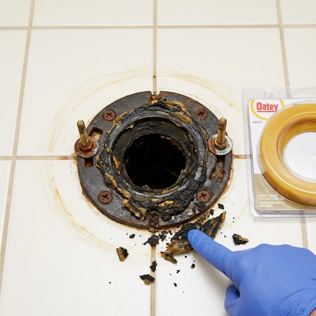 Failed wax ring showing water seepage at the base of a toilet in a Kearny, AZ home