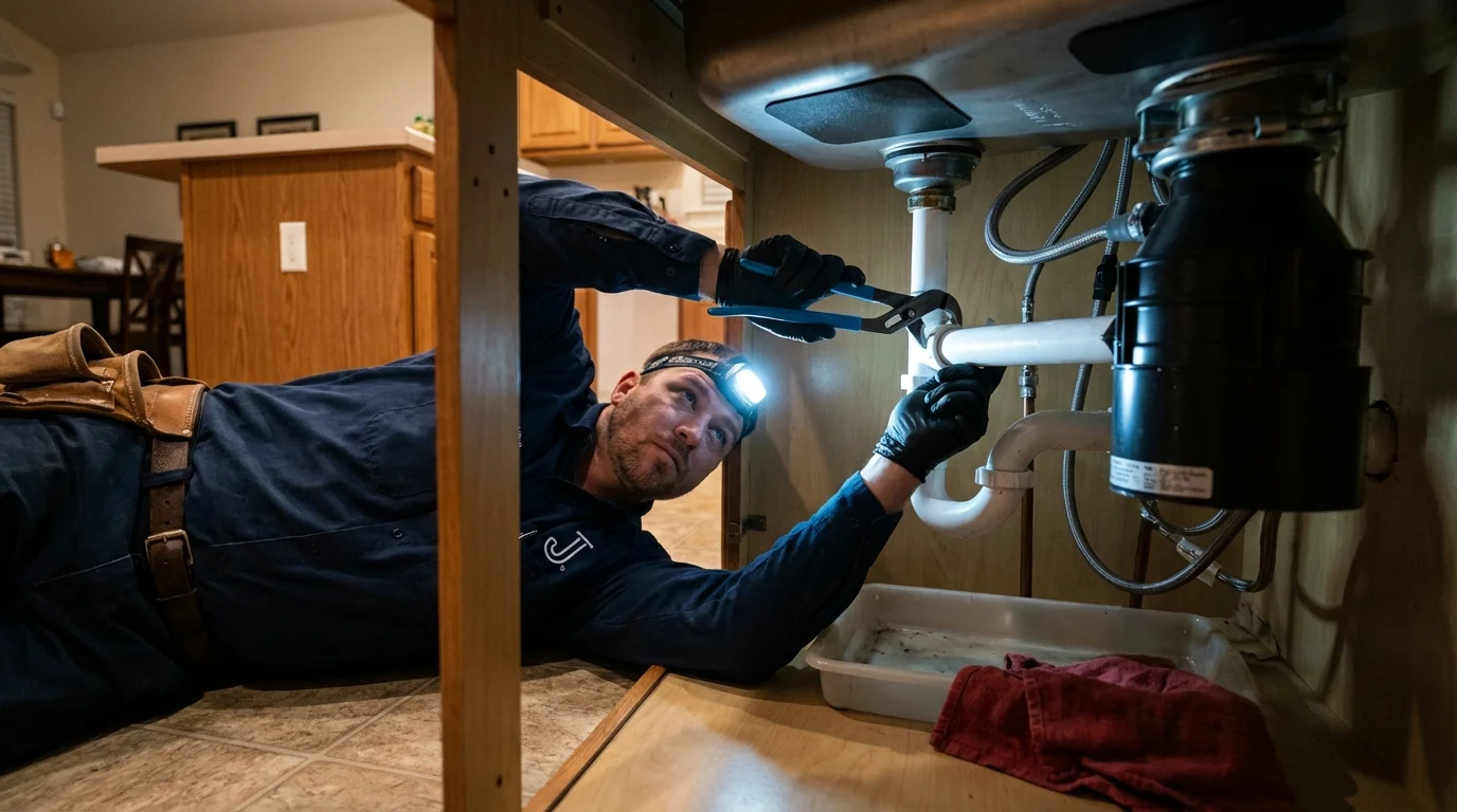 P-trap and supply line connections under a kitchen sink showing a common leak point in Kearny, AZ